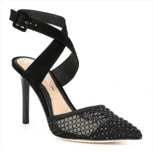 Antonio Melani Emme Heels Black Leather Women's 10 Rhinestone Mesh Sparkle